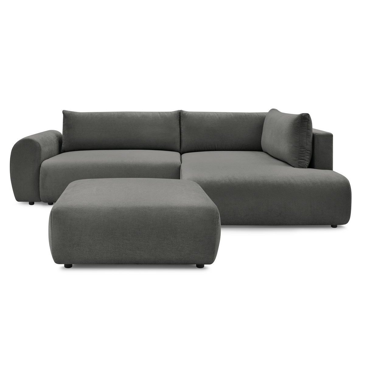 Canapé d'angle convertible 4 places en tissu lisse avec pouf, LUCIEN gris foncé, BOBOCHIC