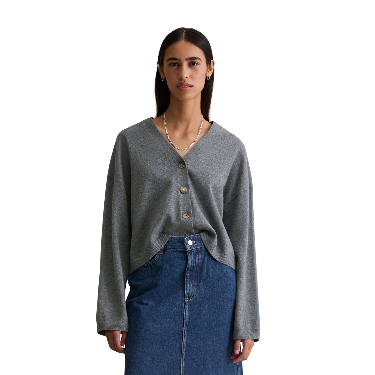 Cardigan col V relaxed en Soft Cotton Stretch gris, MARC O’POLO DENIM