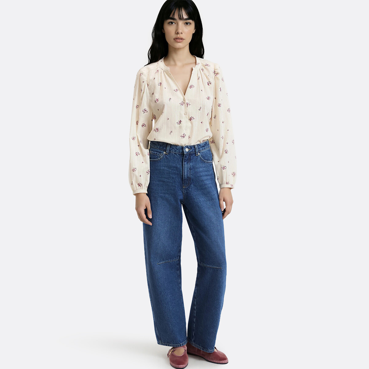 Blouse col V manches longues imprimé floral imprimé fleurs fond écru, LA REDOUTE COLLECTIONS