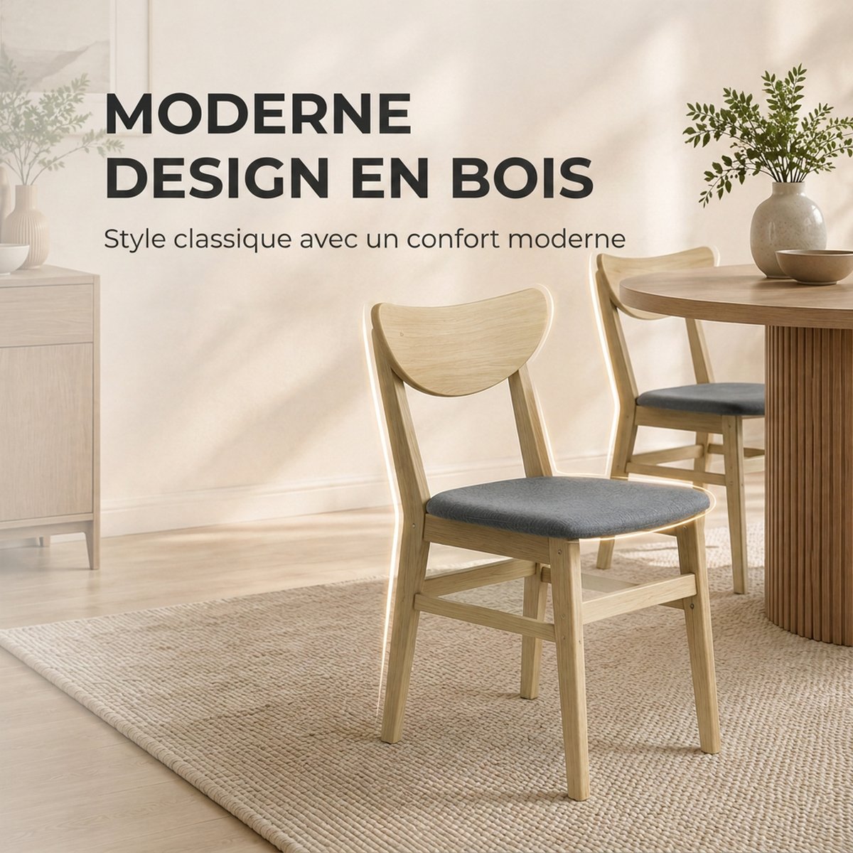 Chaise de salle à manger Tissu effet lin (100 gris et bois naturel, HOMCOM