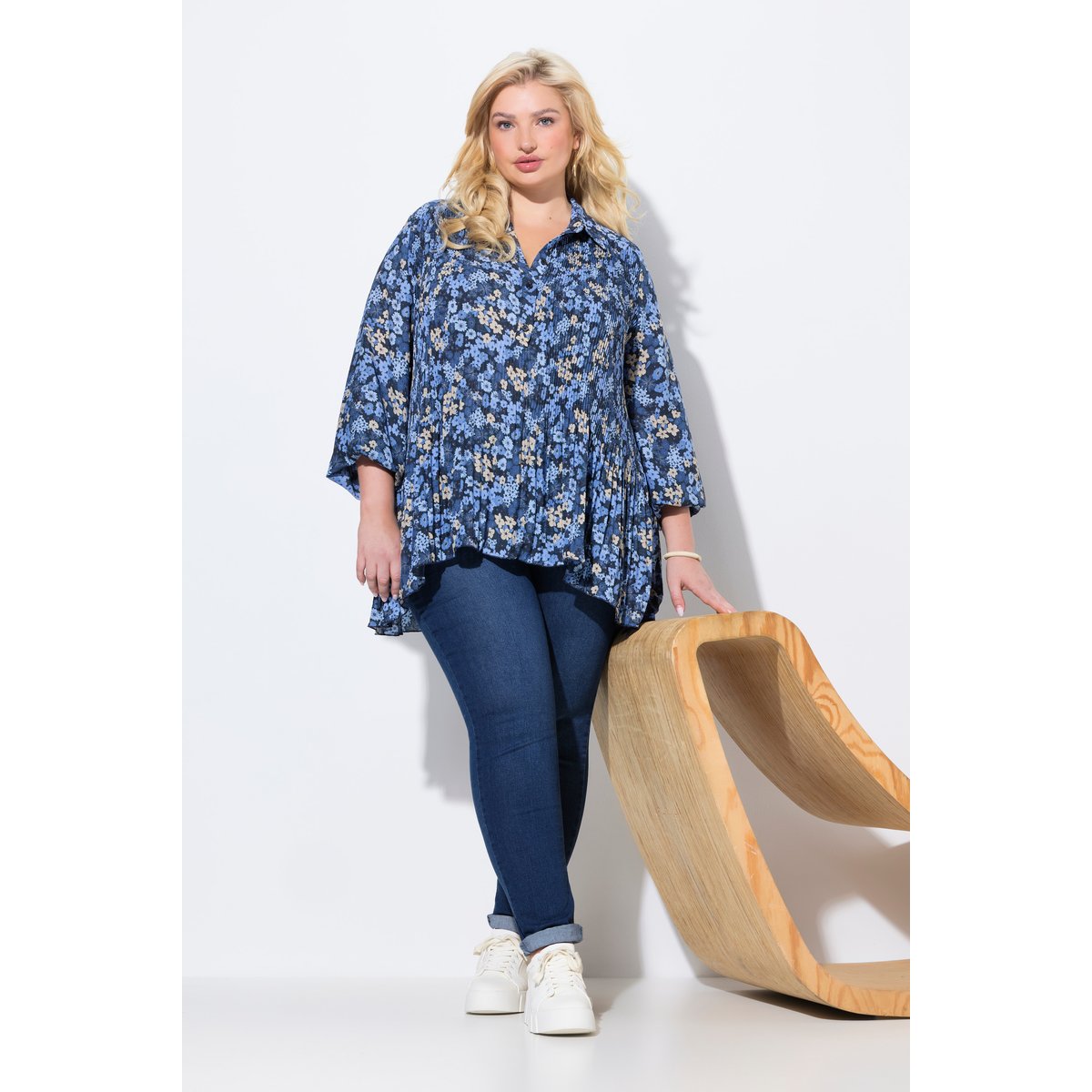 Chemisier plissé à fleurs, coupe évasée bleu clair, ULLA POPKEN