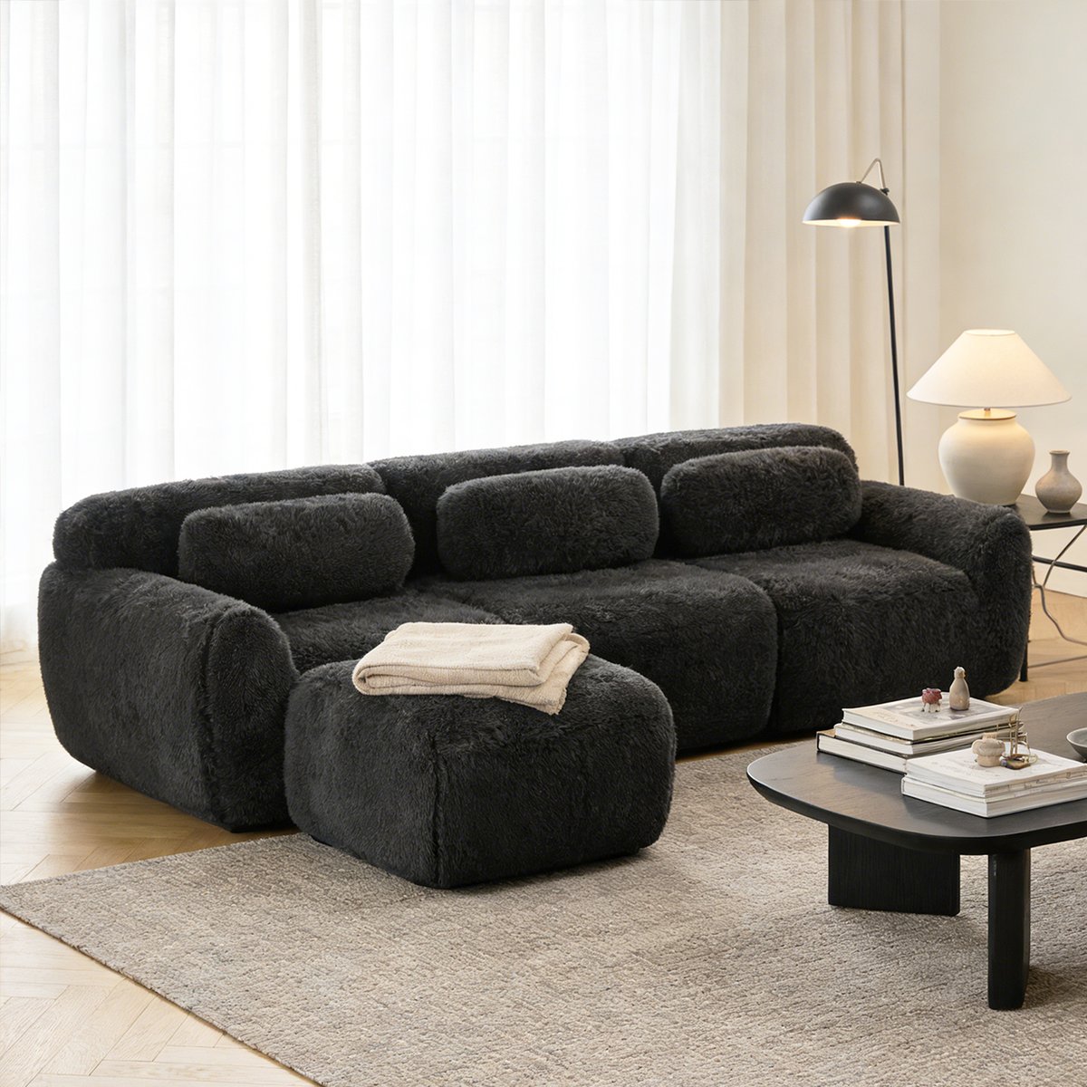 Canapé d'angle réversible 3 places avec pouf, WIND noir, MEUBLES COSY