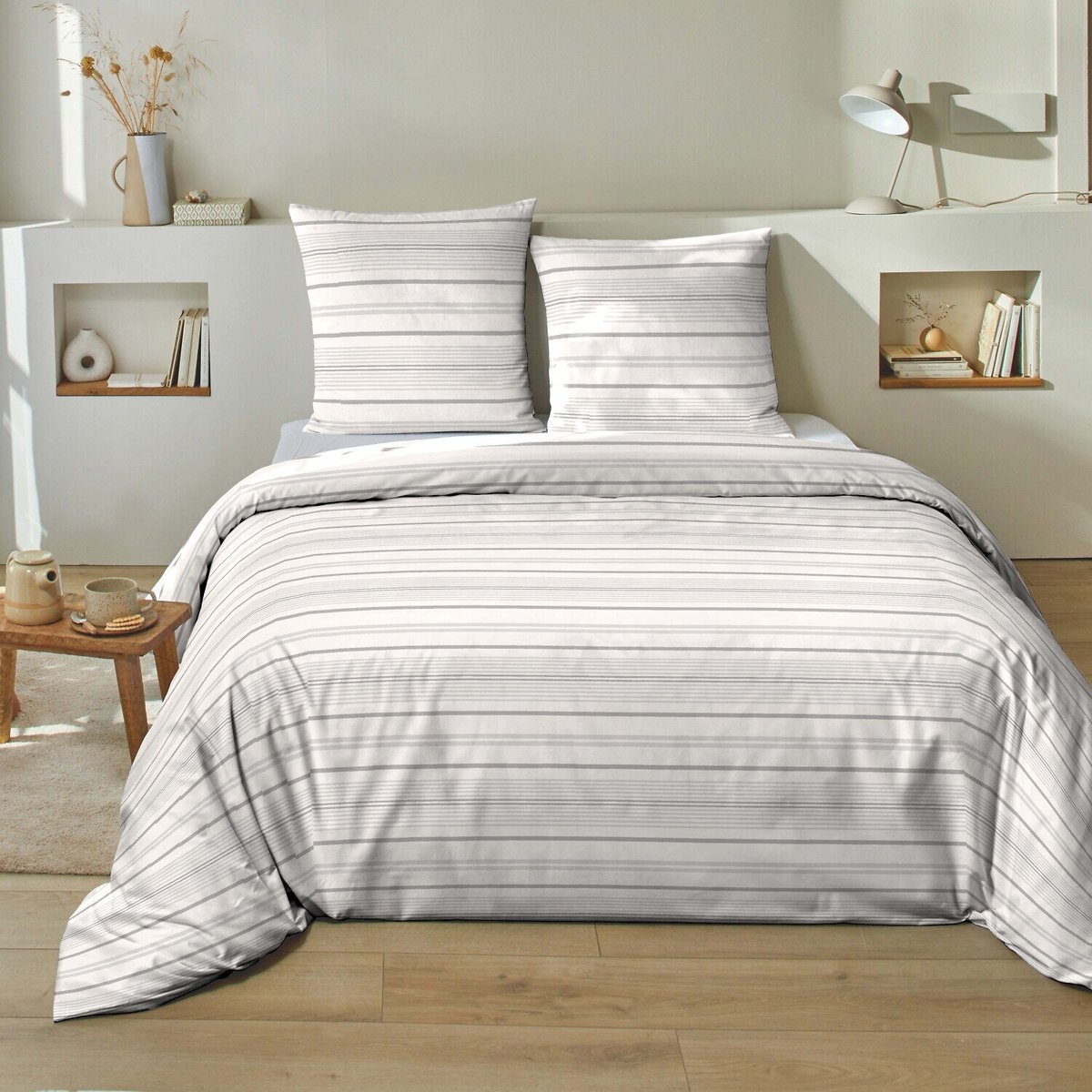 Parure housse de couette 100 %coton, Sansa gris perle, C DESIGN HOME TEXTILE