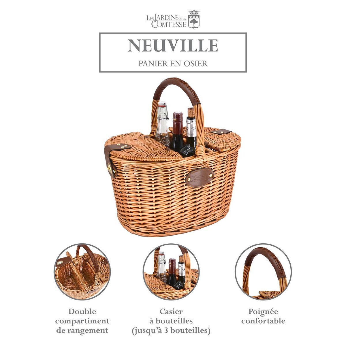Panier porte-bouteilles en osier avec compartiments couleur unique, LES JARDINS DE LA COMTESSE