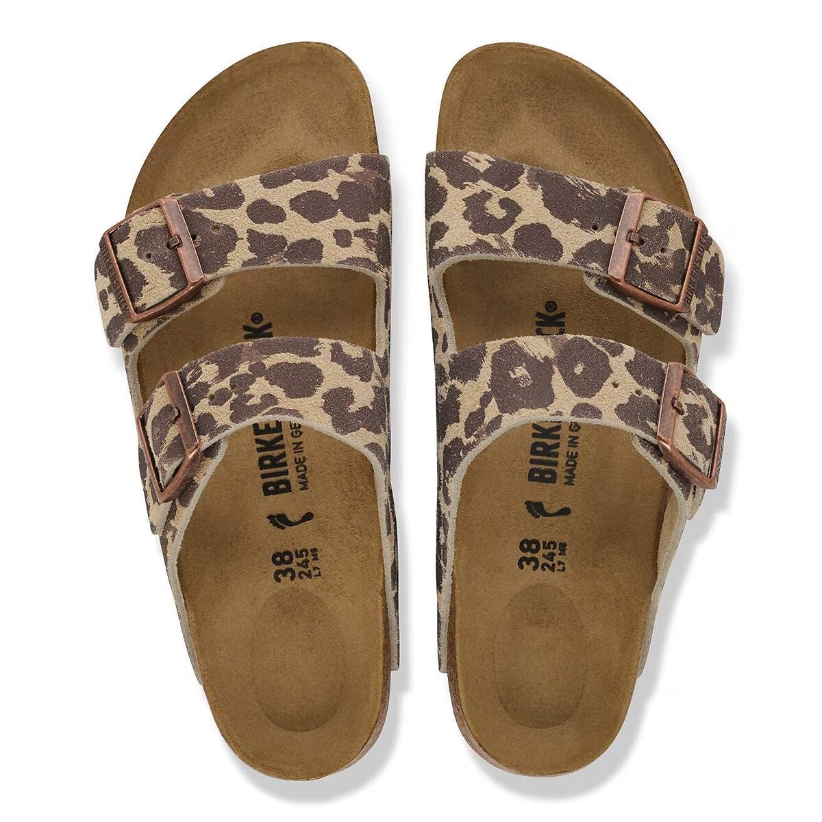 Mules doubles brides en cuir suédé Arizona Rivet imprimé léopard, BIRKENSTOCK