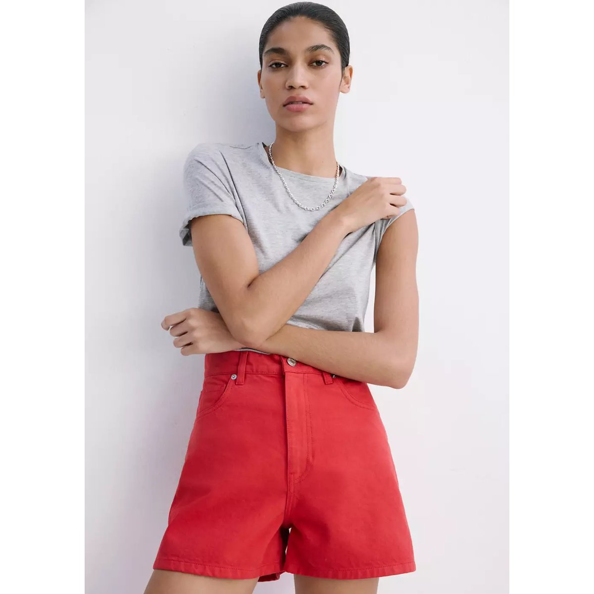 Short jean taille haute rouge, MANGO