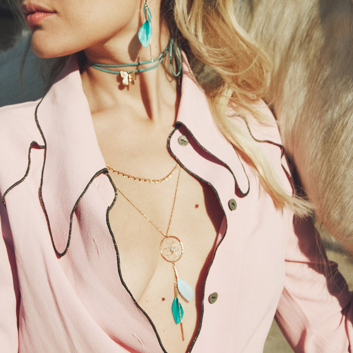 Collier sautoir doré rhodochrosite - dream catcher rose, CAROLINE NAJMAN