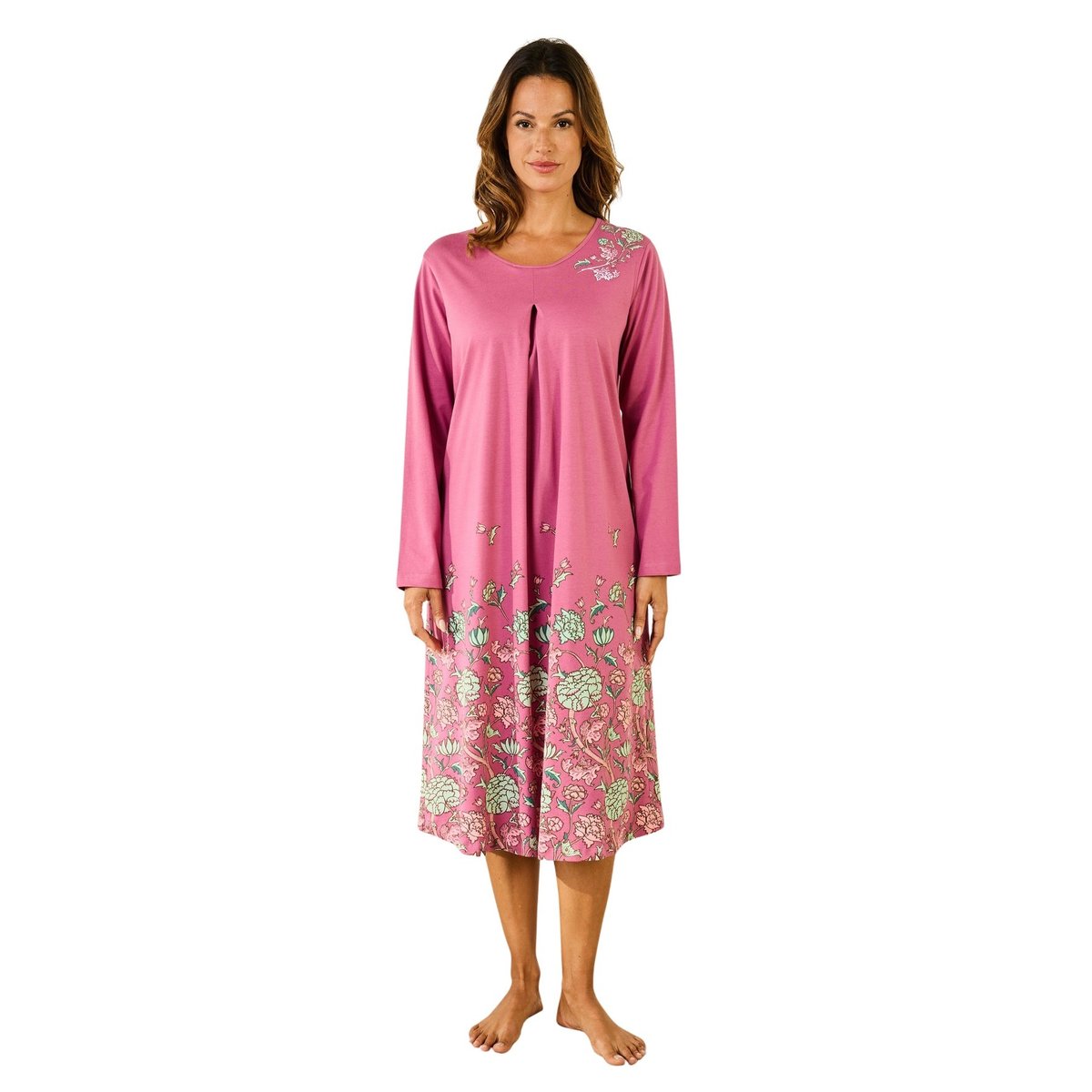 Chemise de nuit manches longues imprimé rose, DAXON