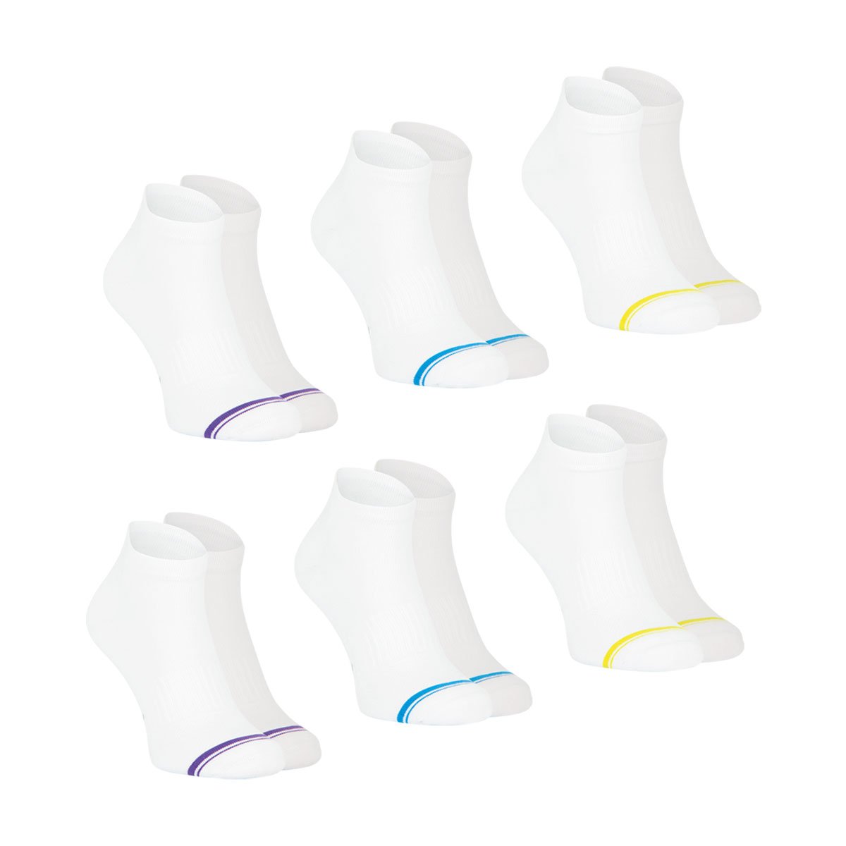 Socquettes, lot de 6 paires, training dry blanc et jaune-blanc et bleu-blanc et violet, ATHENA