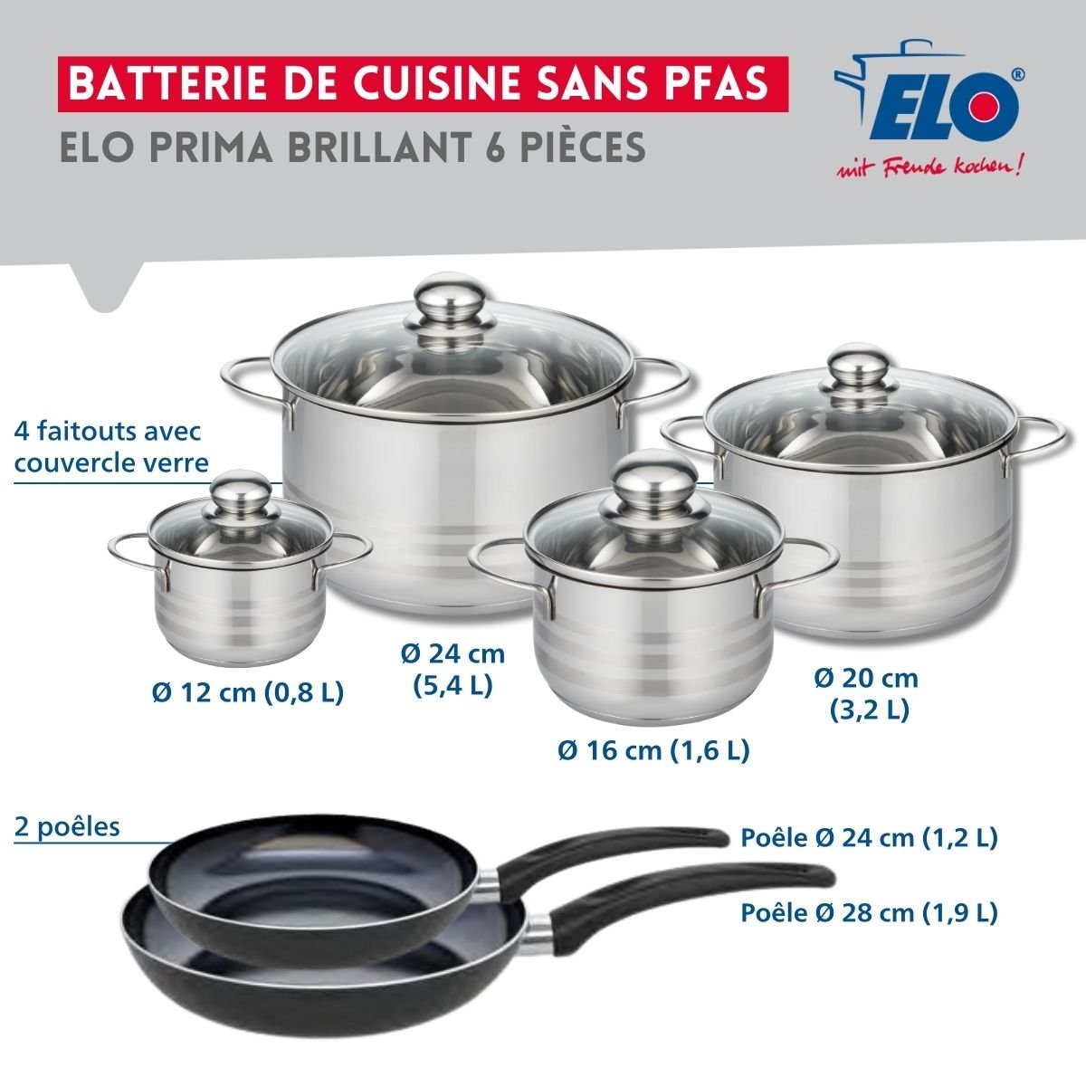 2 poêles 24/28cm + 4 faitouts 12/16/20/24cm PRIMA BRILLANT noir, ELO