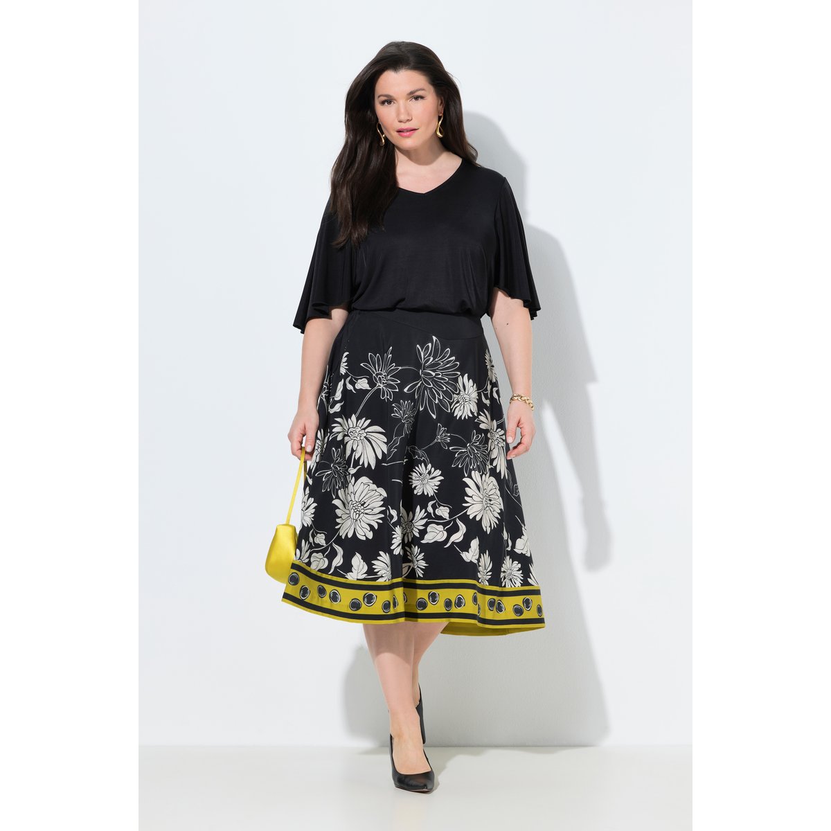 Jupe midi en Lyocell, motif à fleurs noir, ULLA POPKEN