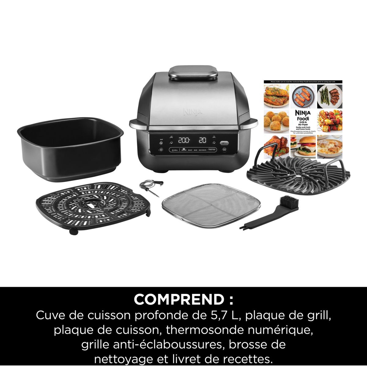 Grille-viande Foodi Air Grill EG351 gris thermosonde à poser, 25.5x24.5 cm couleur unique, NINJA