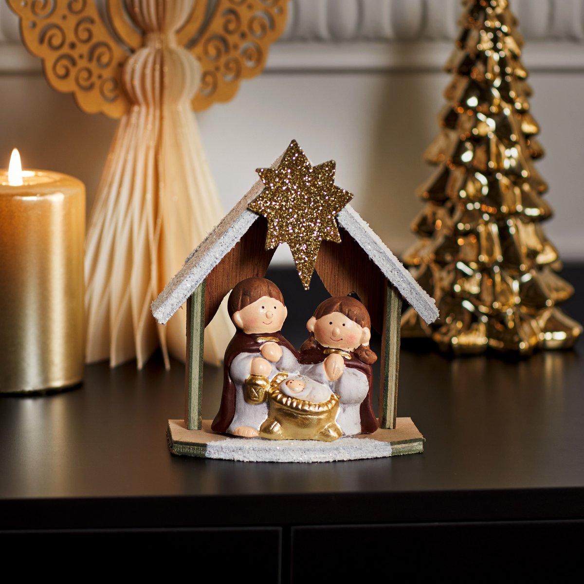 Déco nativité H15 cm grès transparent, ATMOSPHERA