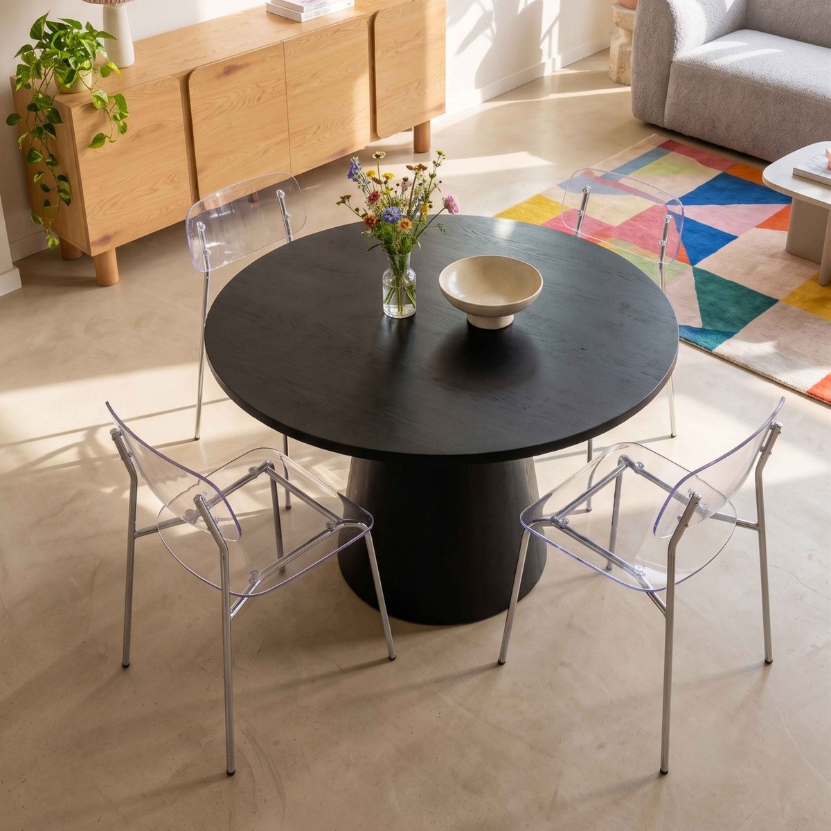 Table à manger ronde effet bois 4 personnes FSC 120 cm, NOELIE bois noir, OVIALA