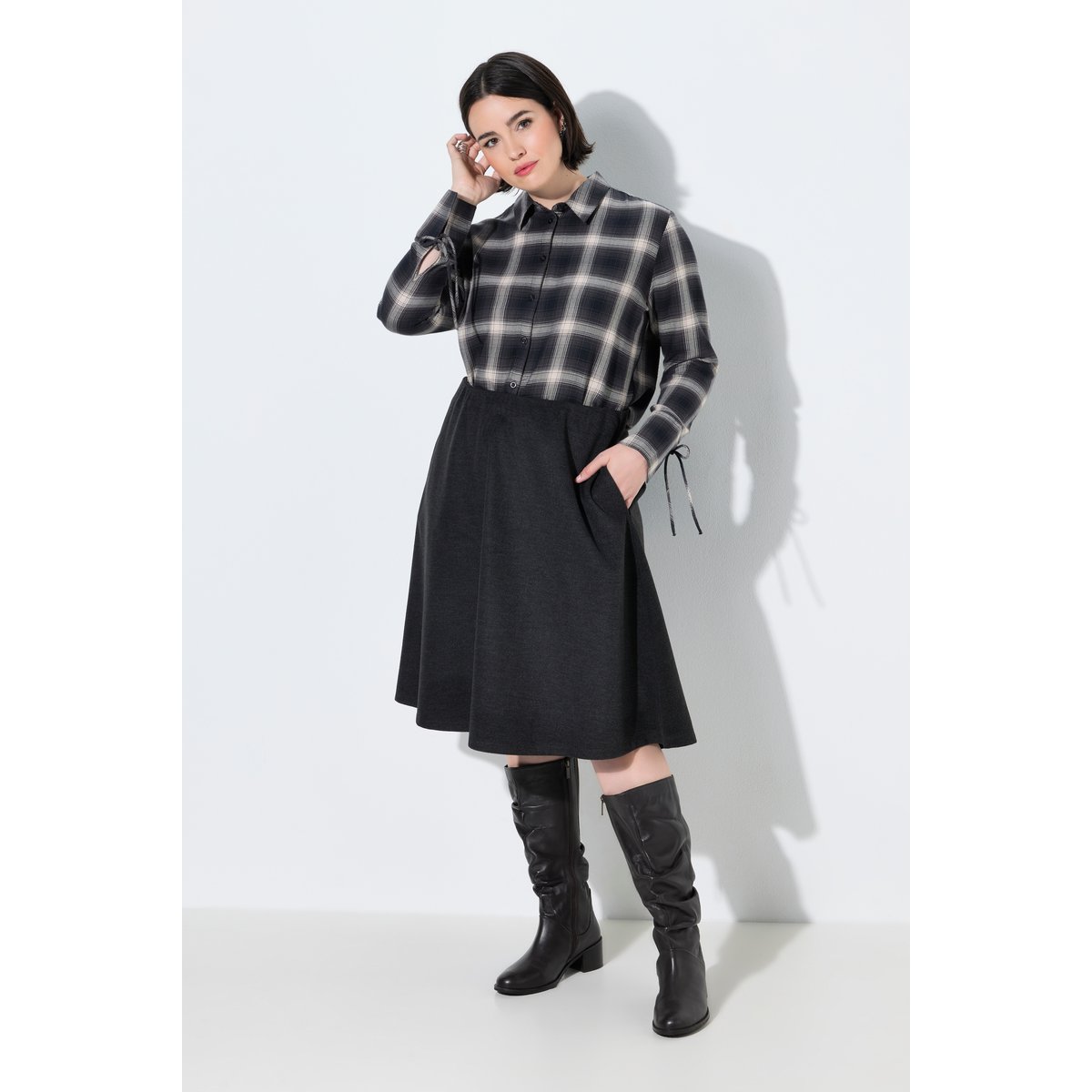 Jupe midi en laine mélangée gris noir, ULLA POPKEN