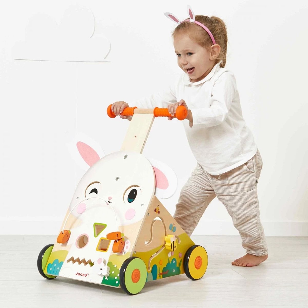 Chariot de marche multi-activités blanc, rose, vert, JANOD