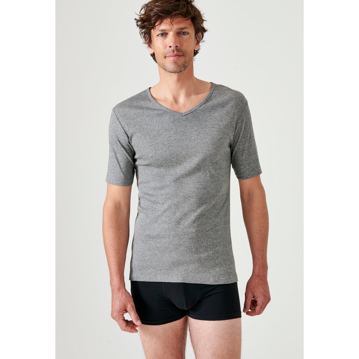 Lot de 2 t-shirts col V, pur coton peigné gris chiné, DAMART
