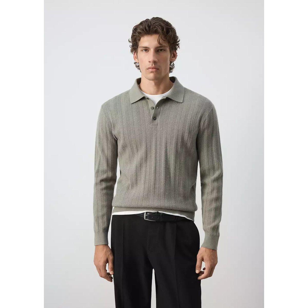 Pull-over polo maille structure vert pastel, MANGO MAN
