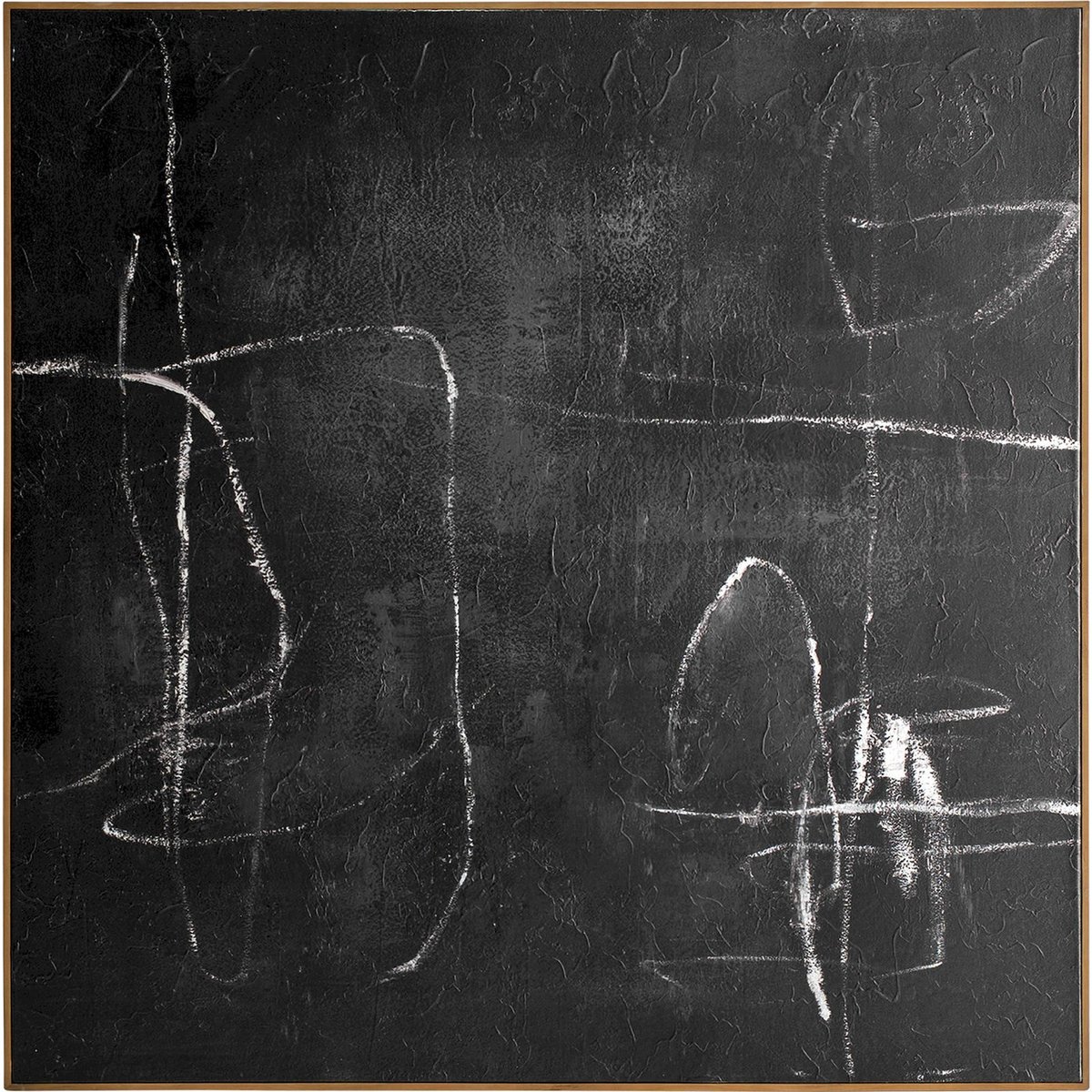 Tableau abstrait toile relief graphique noir, blanc et bois brun, RECOLLECTION