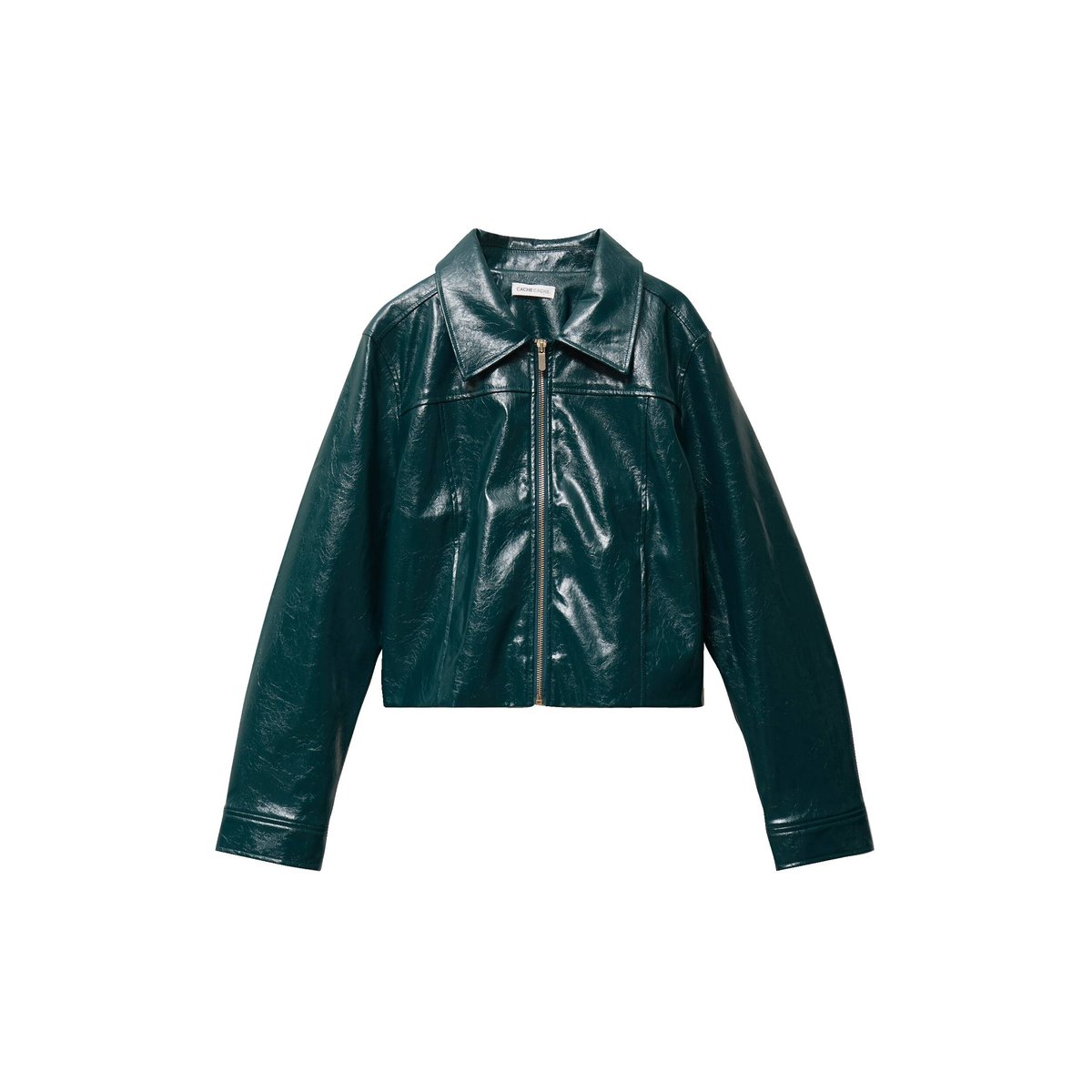 Veste droite cropped en similicuir vert foncé, CACHE CACHE