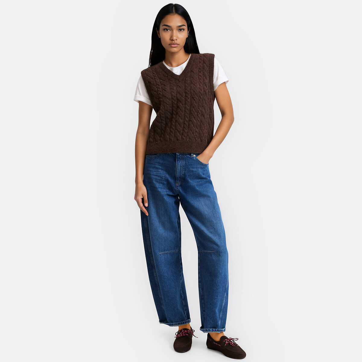 Alpaca Blend Sleeveless Cable Knit V-Neck Jumper brown, LA REDOUTE COLLECTIONS