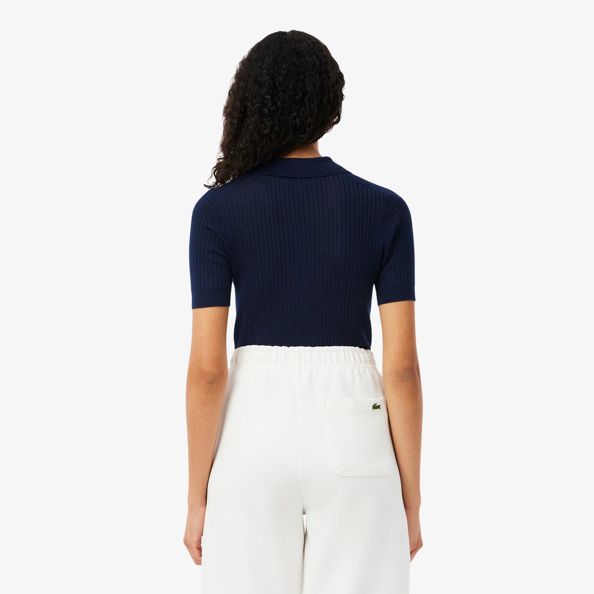 Pull col polo laine mérinos maille 3D bleu-166, LACOSTE