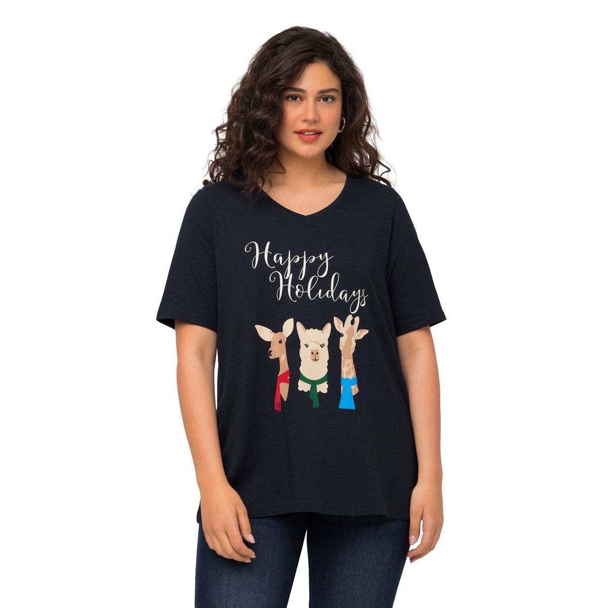 T-shirt de Noël à manches courtes et col V marine, ULLA POPKEN