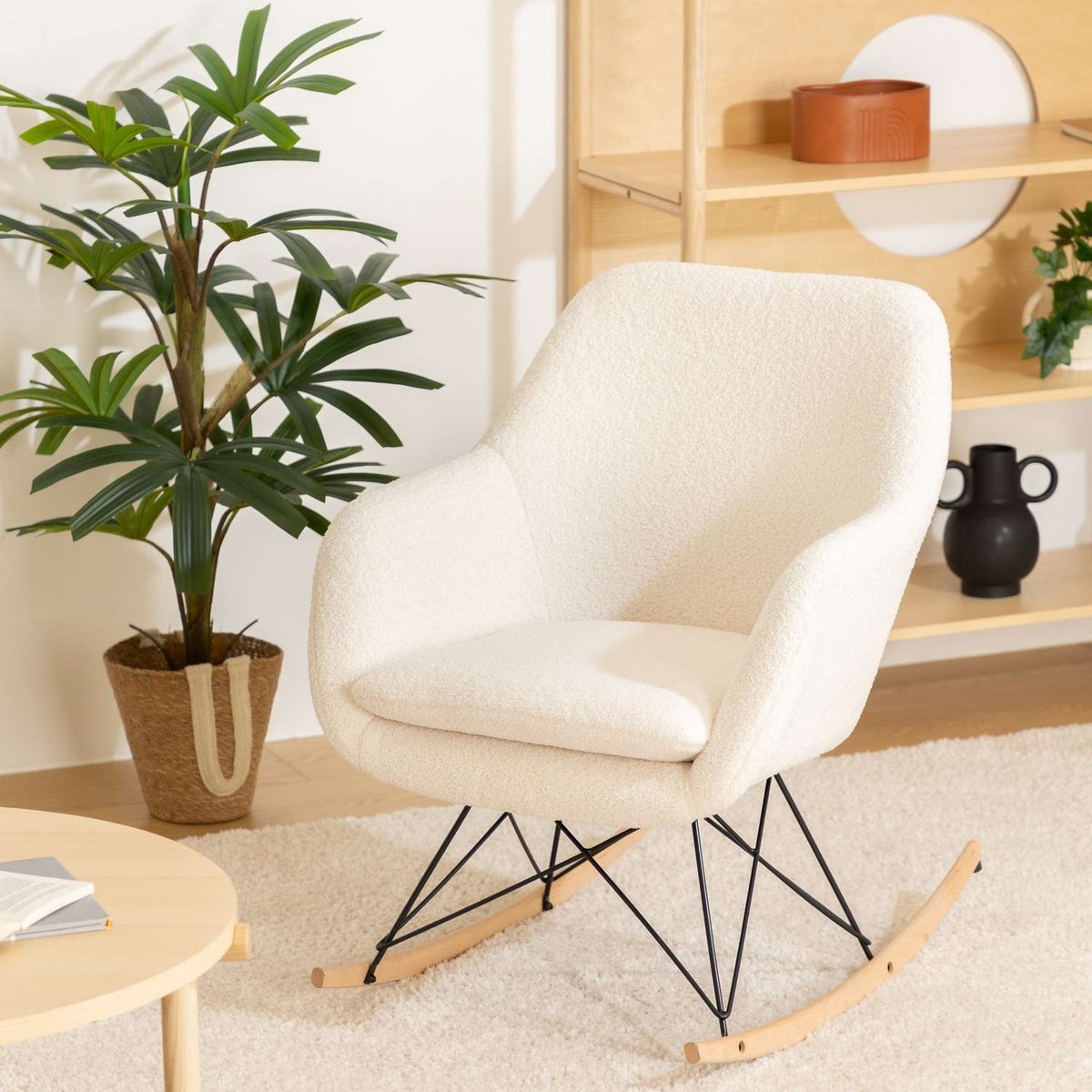 Fauteuil à bascule en bouclette OLMETO blanc, ATMOSPHERA