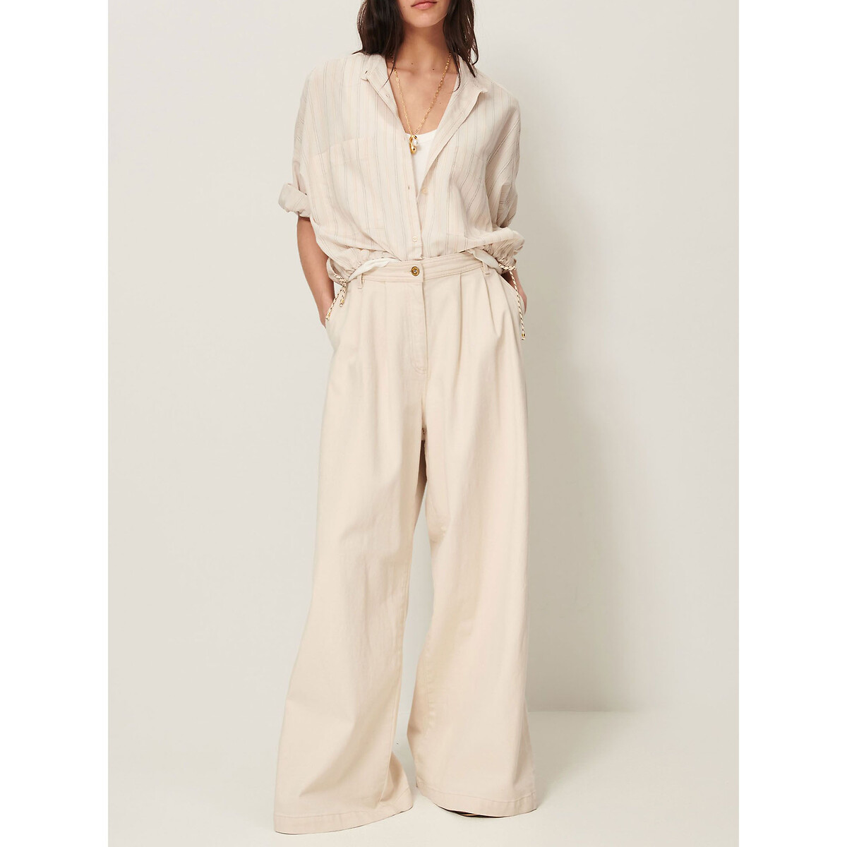 Cadaques Striped Shirt with Crew Neck ecru , SESSUN