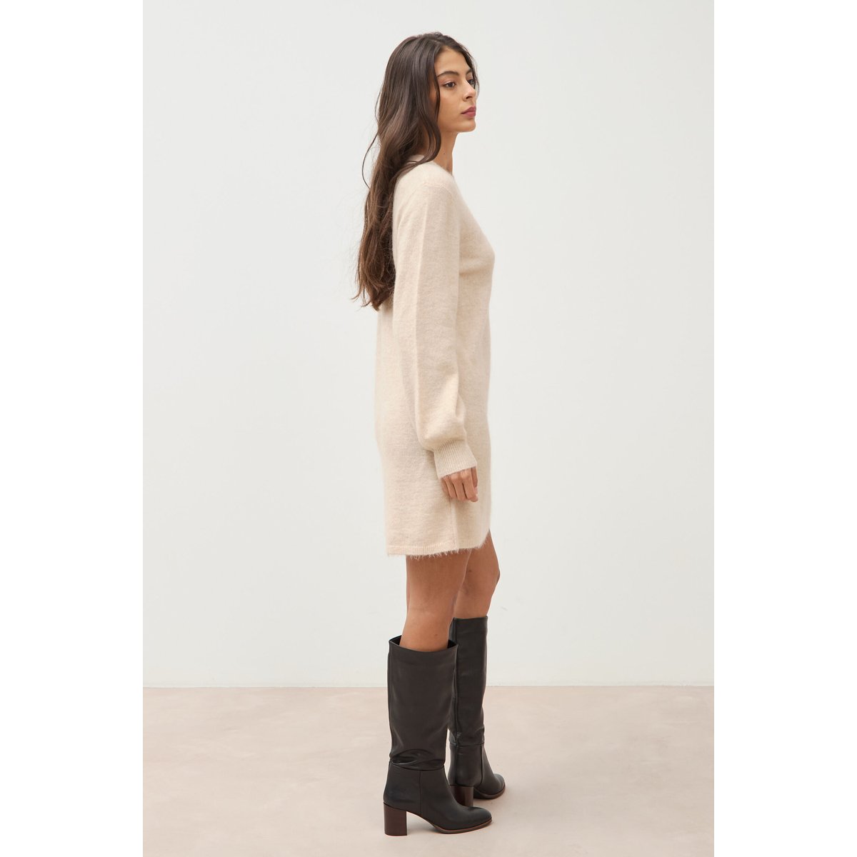 Robe droite courte manches longues creme, BONOBO