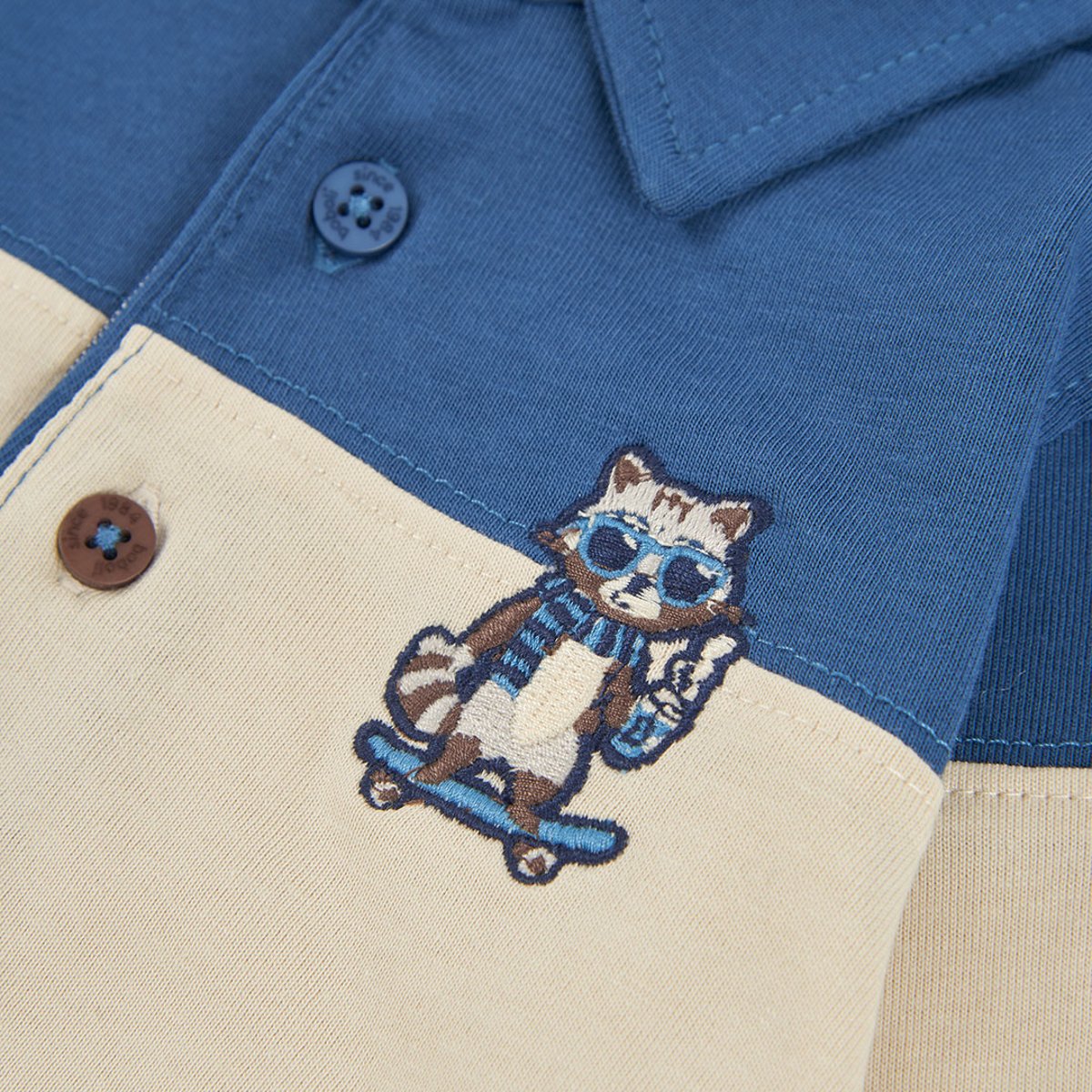 Polo garçon maille brodé raton laveur bleu, BOBOLI