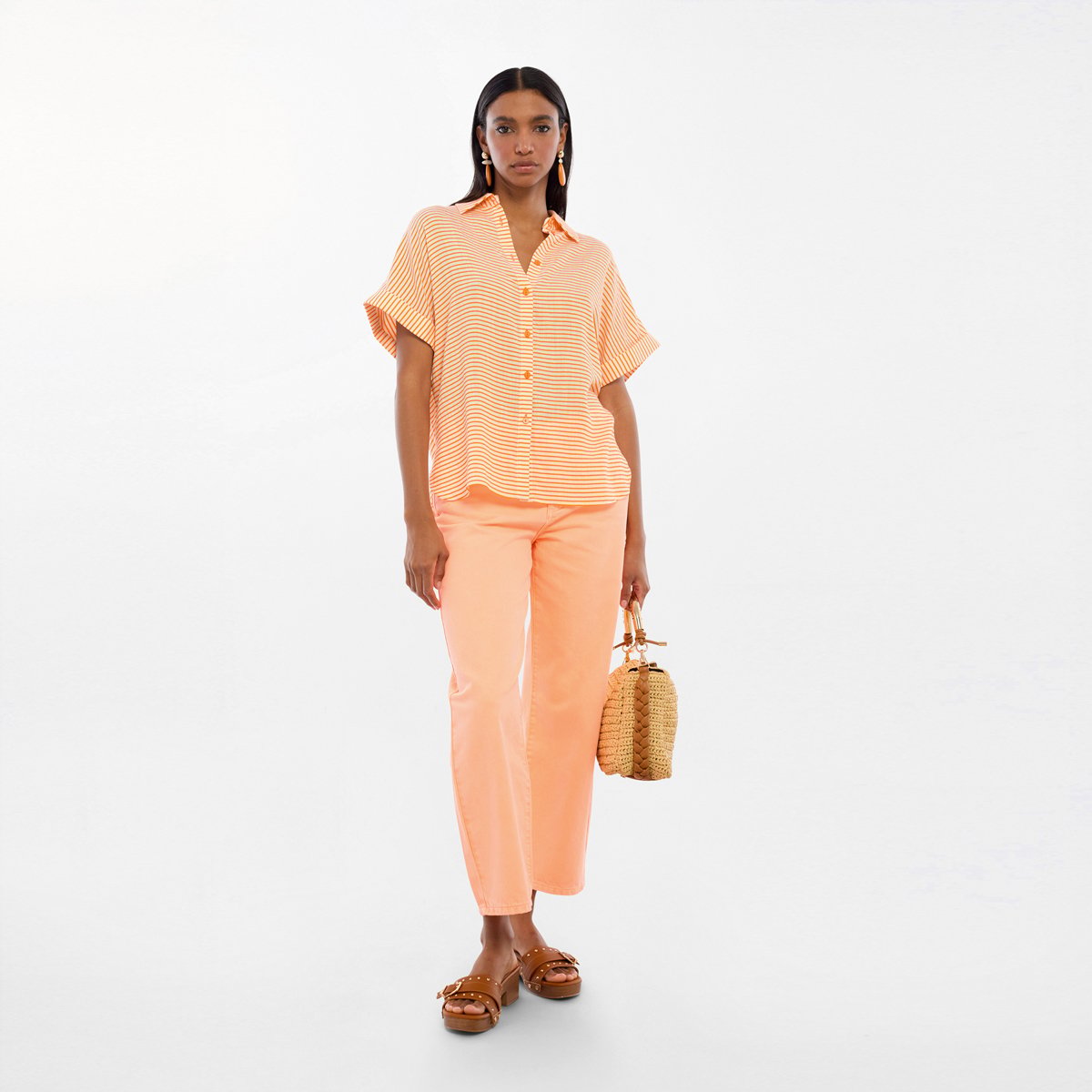 Blouse rayée à manches courtes et col chemise saumon, LOLA CASADEMUNT