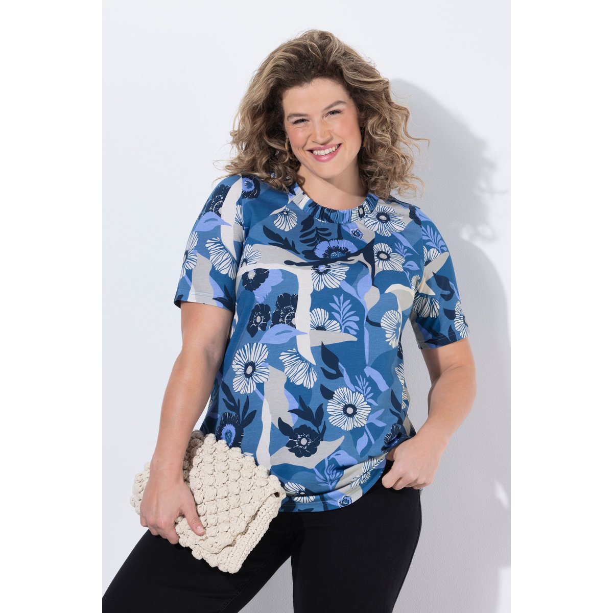 T-shirt à fleurs en coton bio bleu jean, ULLA POPKEN