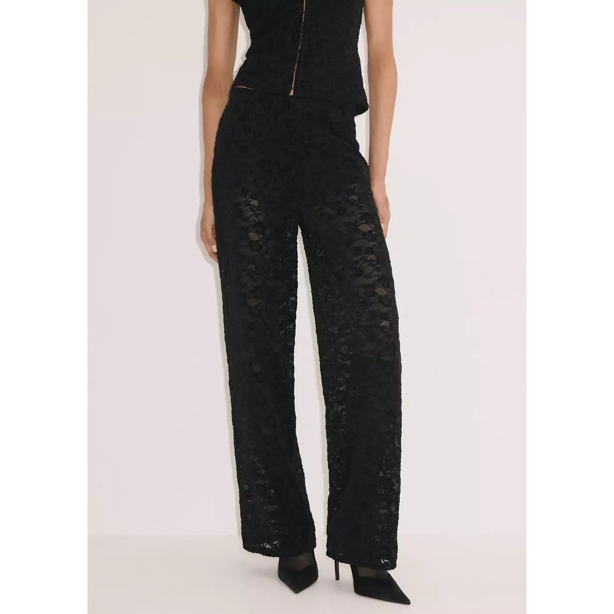 Pantalon en dentelle semi-transparent noir, MANGO