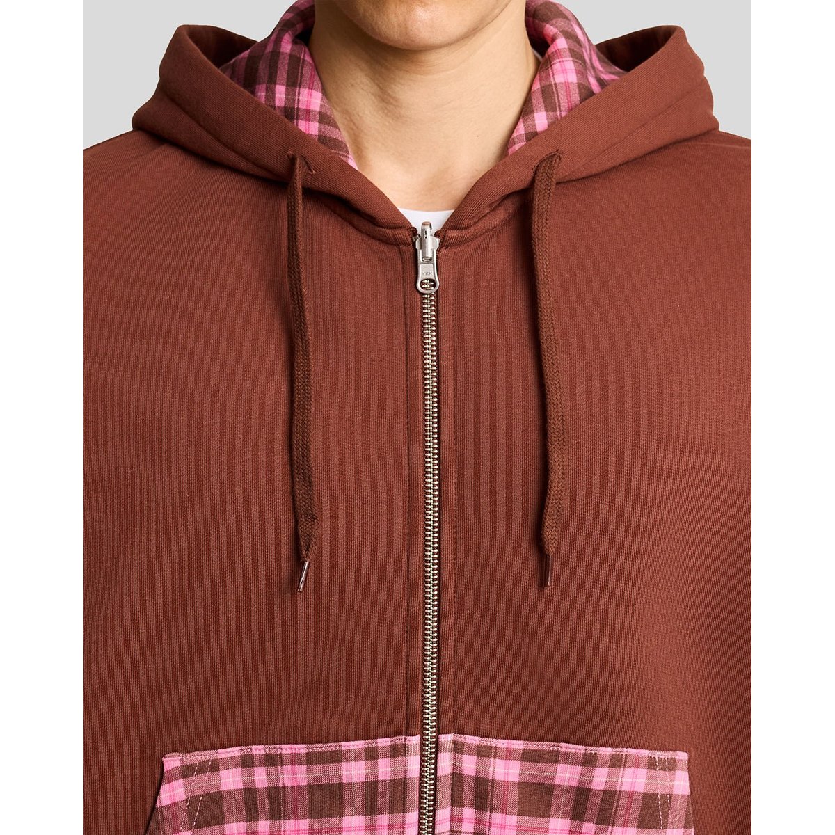 Sweat à capuche zippé contrasté à carreaux brun ganache marron/ phlox rose, LYLE & SCOTT