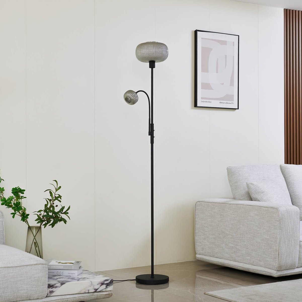 Lampadaire en métal moderne, Aliette noir, gris fumé, LINDBY