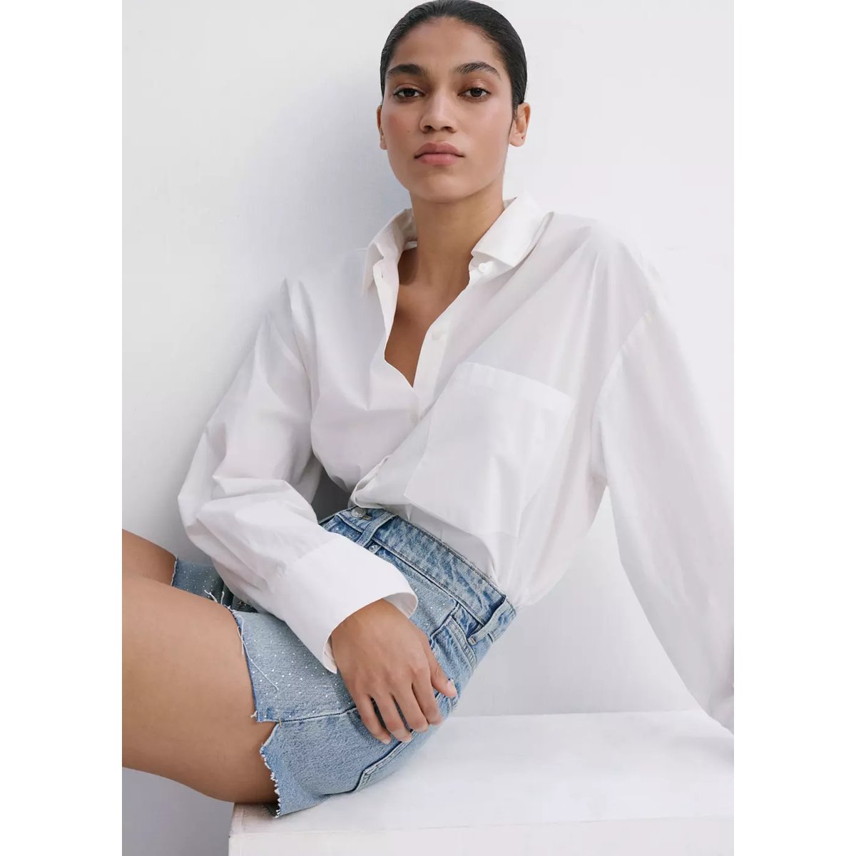 Short en jean strass bleu moyen, MANGO