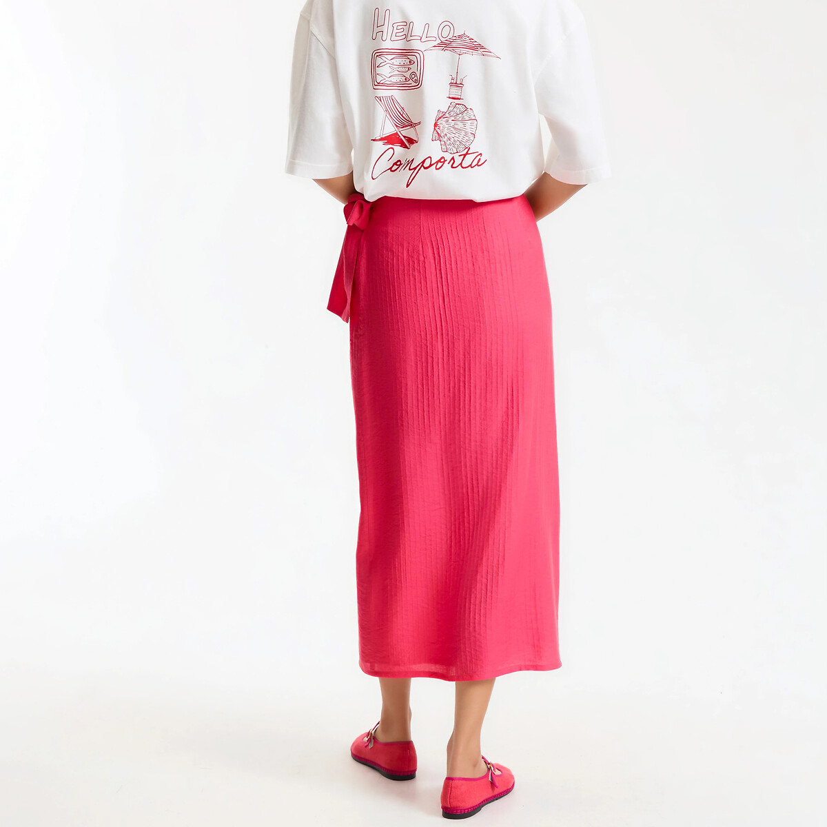 Jupe midi portefeuille à nouer rose fuchsia, LA REDOUTE COLLECTIONS