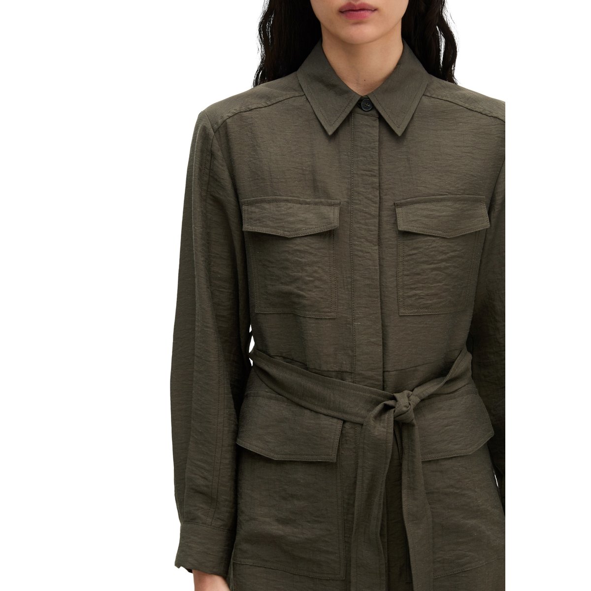 Robe style safari flared en mélange viscose-lin marron foncé, MARC O'POLO