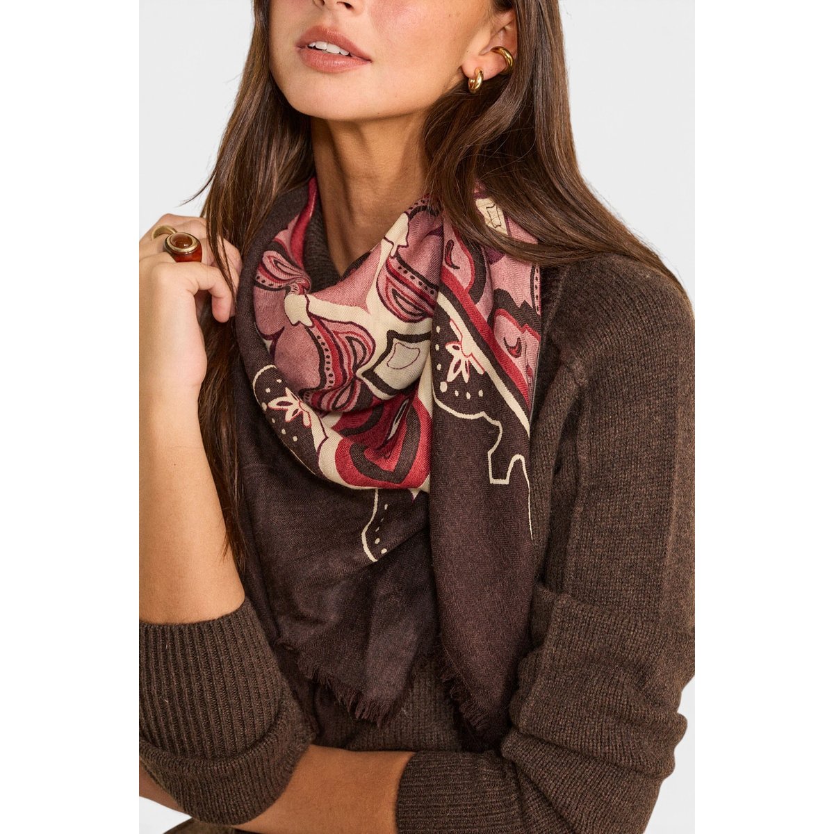 Foulard imprimé en laine REMY marron fonce, Maison 123