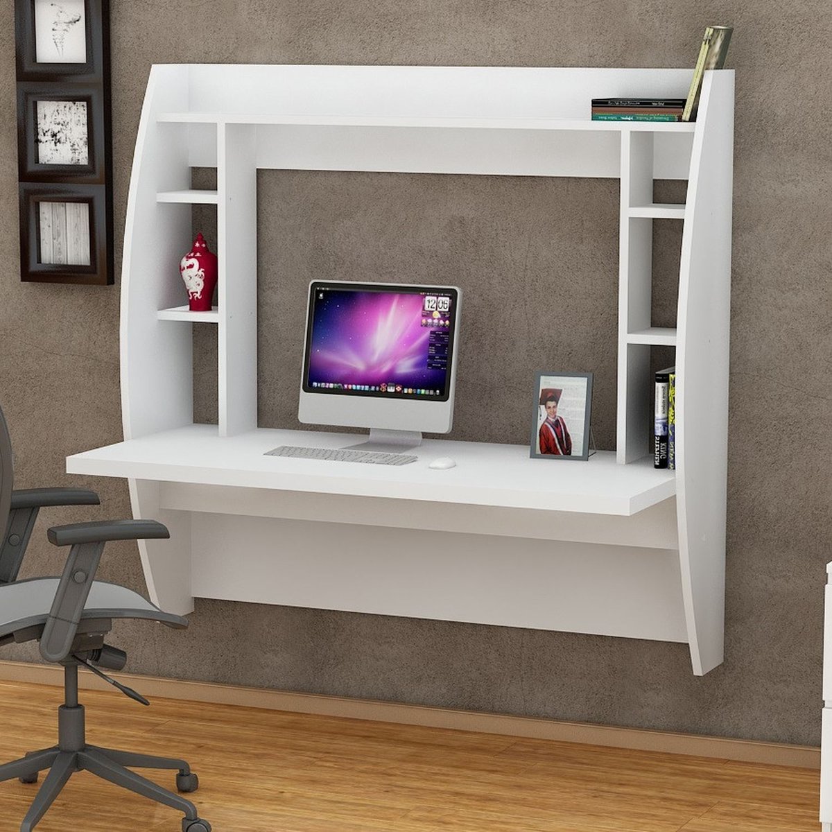 Bureau mural suspendu avec étagères VERONA blanc, TOILINUX