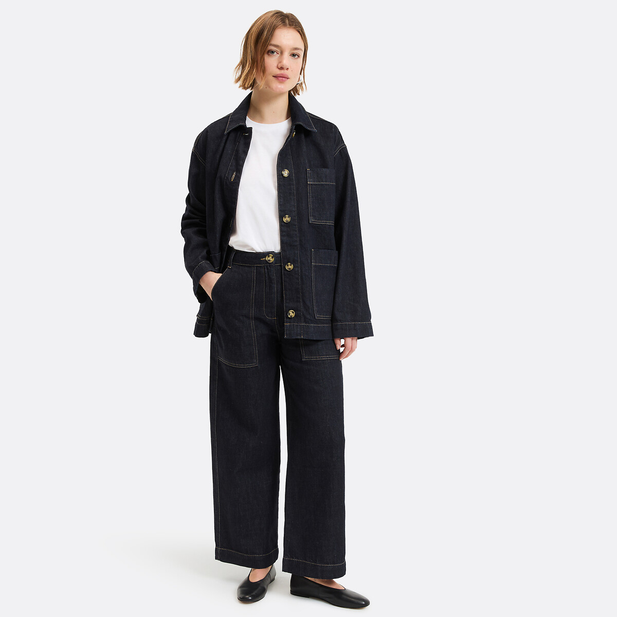 Lange, gerade geschnittene Jacke im Worker-Stil aus Denim dark blue, LA REDOUTE COLLECTIONS