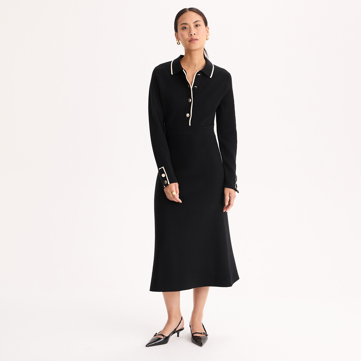 Robe à col polo longueur midi manches longues noir/écru, ANNE WEYBURN