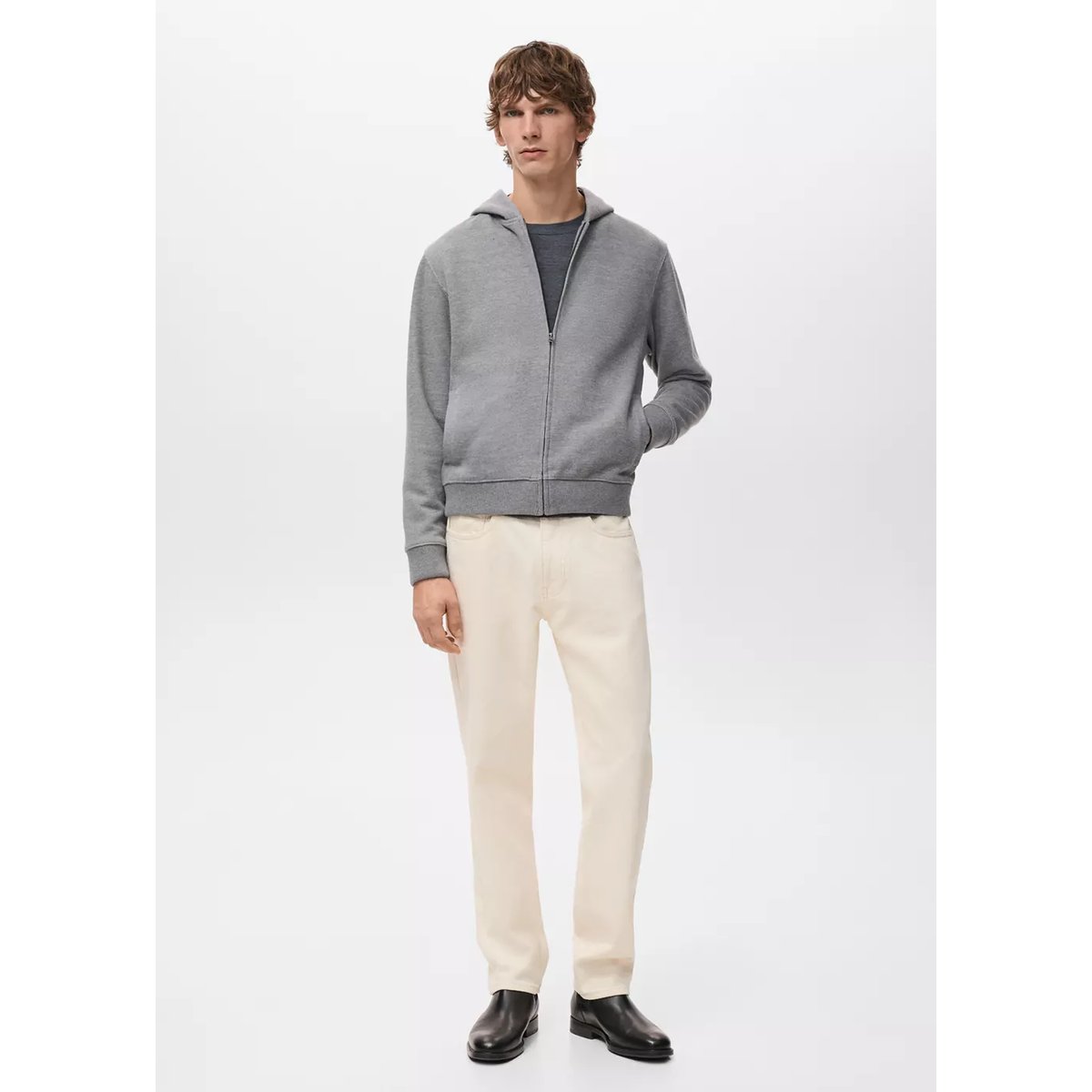 Sweat-shirt capuche texture gris chiné clair, MANGO MAN