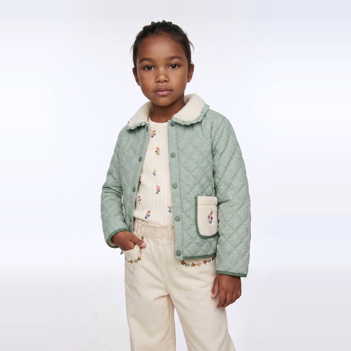 Veste matelassée vichy détails sherpa et broderies meleze, MONOPRIX