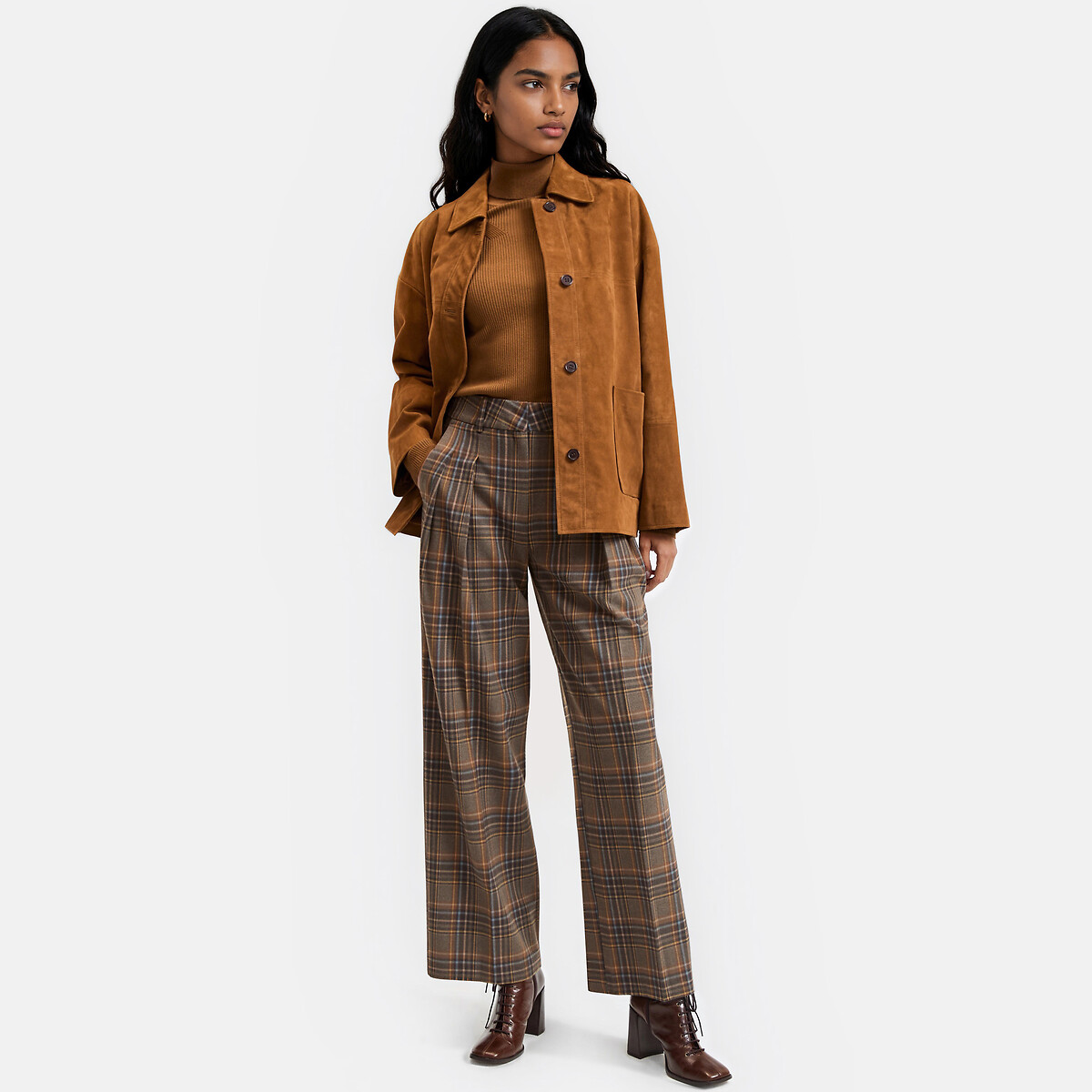 Pantalon large à carreaux, à pinces carreaux marron, LA REDOUTE COLLECTIONS