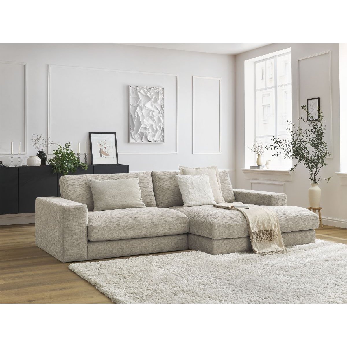Canapé d'angle fixe 4 places en tissu texturé, LEONARD beige, BOBOCHIC