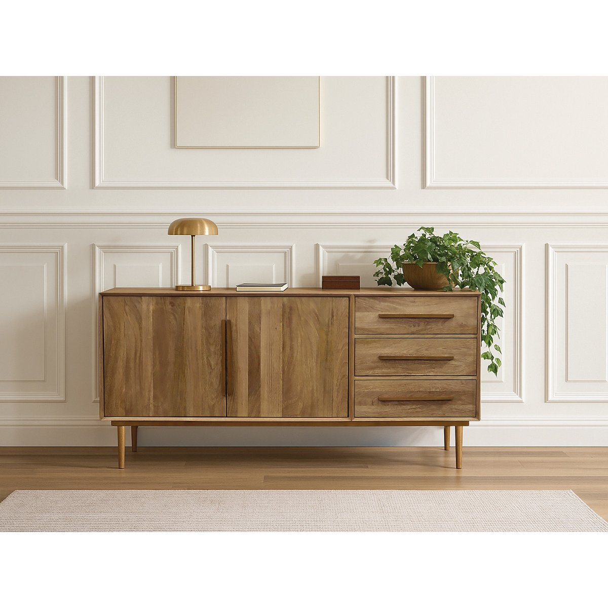 Buffet bas en bois massif 2 portes 3 tiroirs 180 cm, BRUGES marron clair, BOBOCHIC