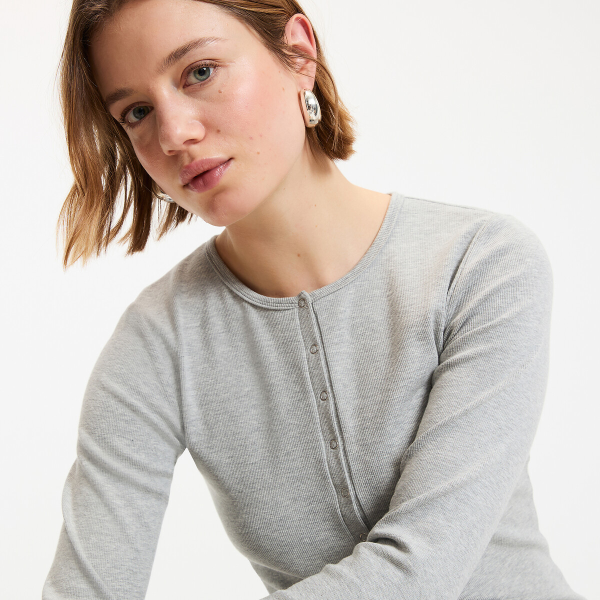 Grandad Collar T-Shirt with Long Sleeves grey marl, LA REDOUTE COLLECTIONS