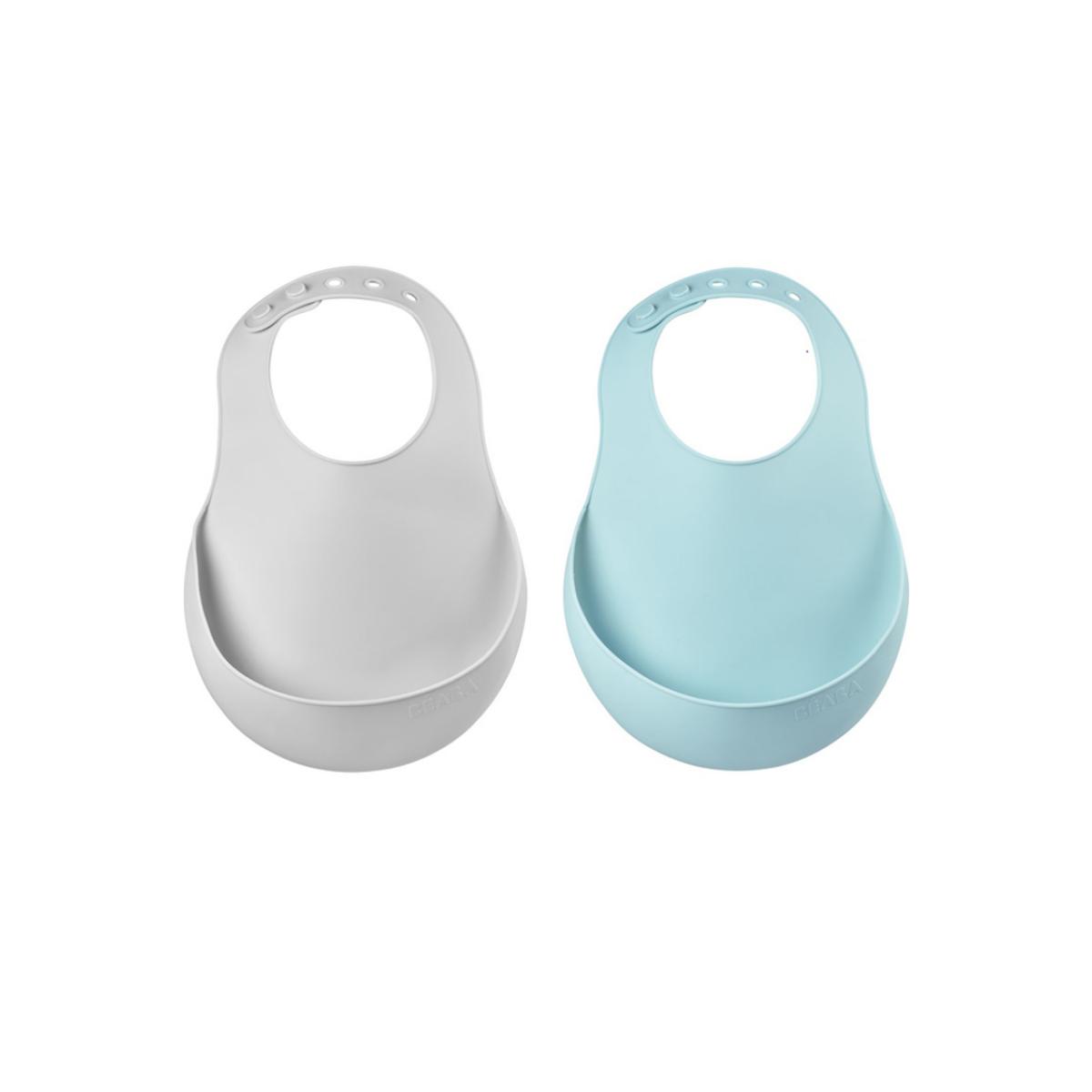 Lot de 2 bavoirs silicone avec poche gris, bleu, BEABA